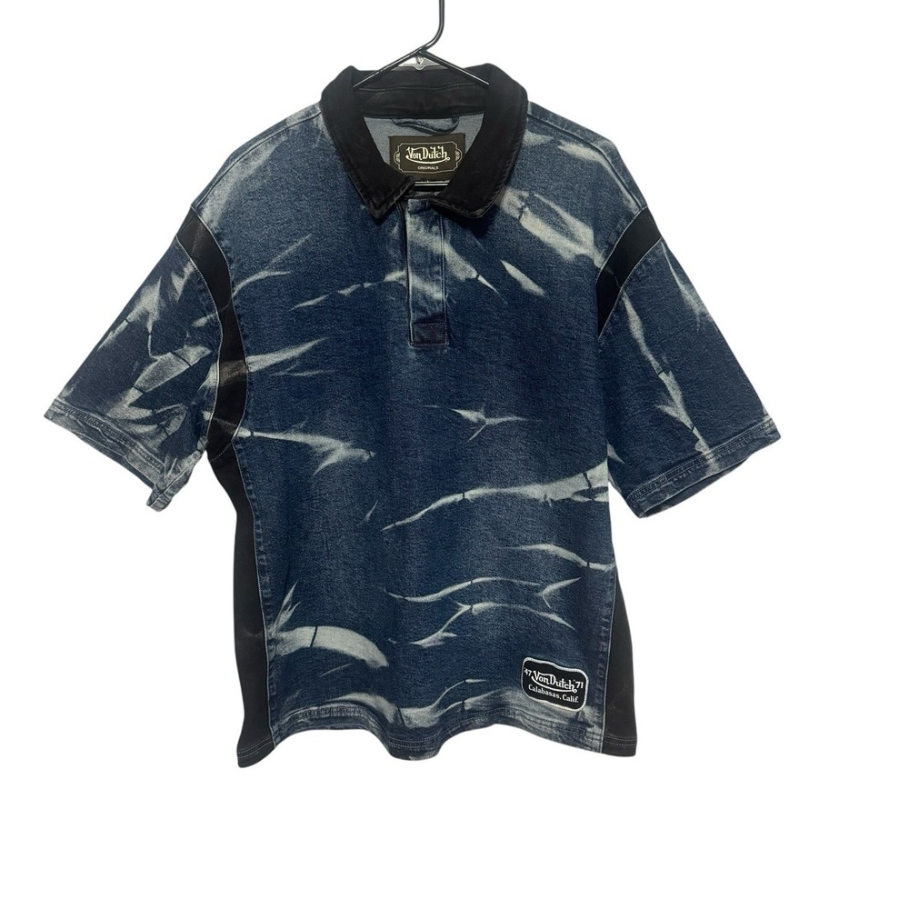MENS VON DUTCH LARGE BLACK/BLUE THICK JEAN MATERIAL POLO SHIRT - NWT